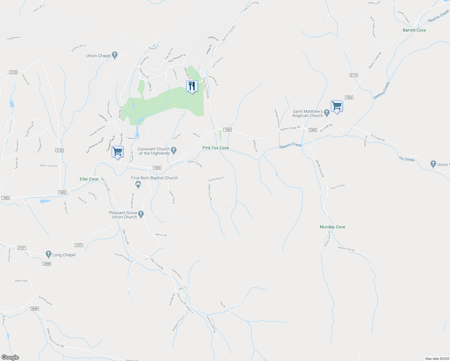 map of restaurants, bars, coffee shops, grocery stores, and more near 29 Bonnie Brae Drive in Weaverville