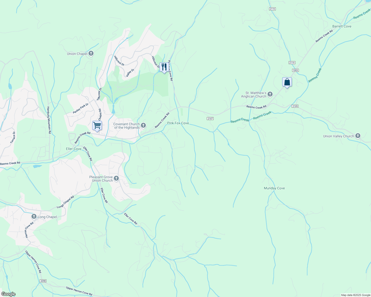 map of restaurants, bars, coffee shops, grocery stores, and more near 29 Bonnie Brae Drive in Weaverville