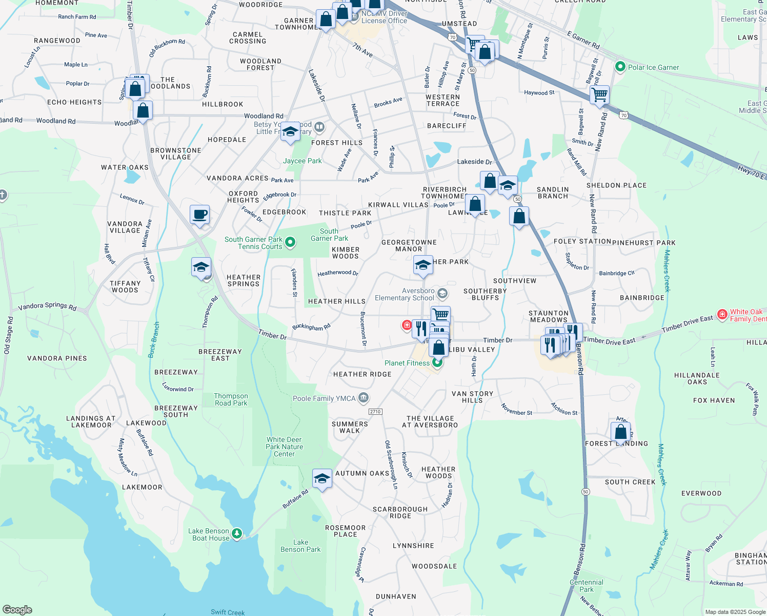 map of restaurants, bars, coffee shops, grocery stores, and more near 102 North Shetland Court in Garner