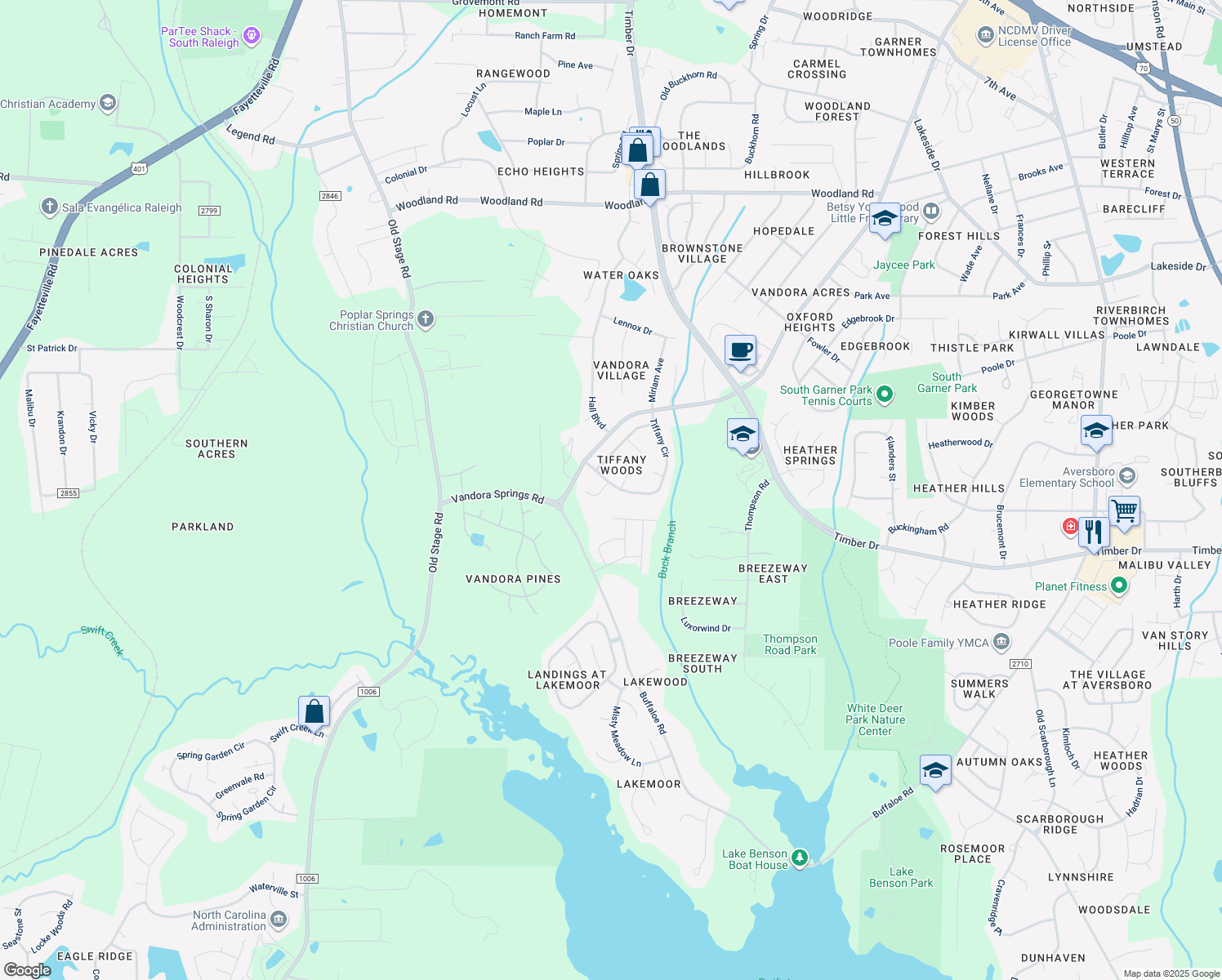 map of restaurants, bars, coffee shops, grocery stores, and more near 403 Tiffany Circle in Garner