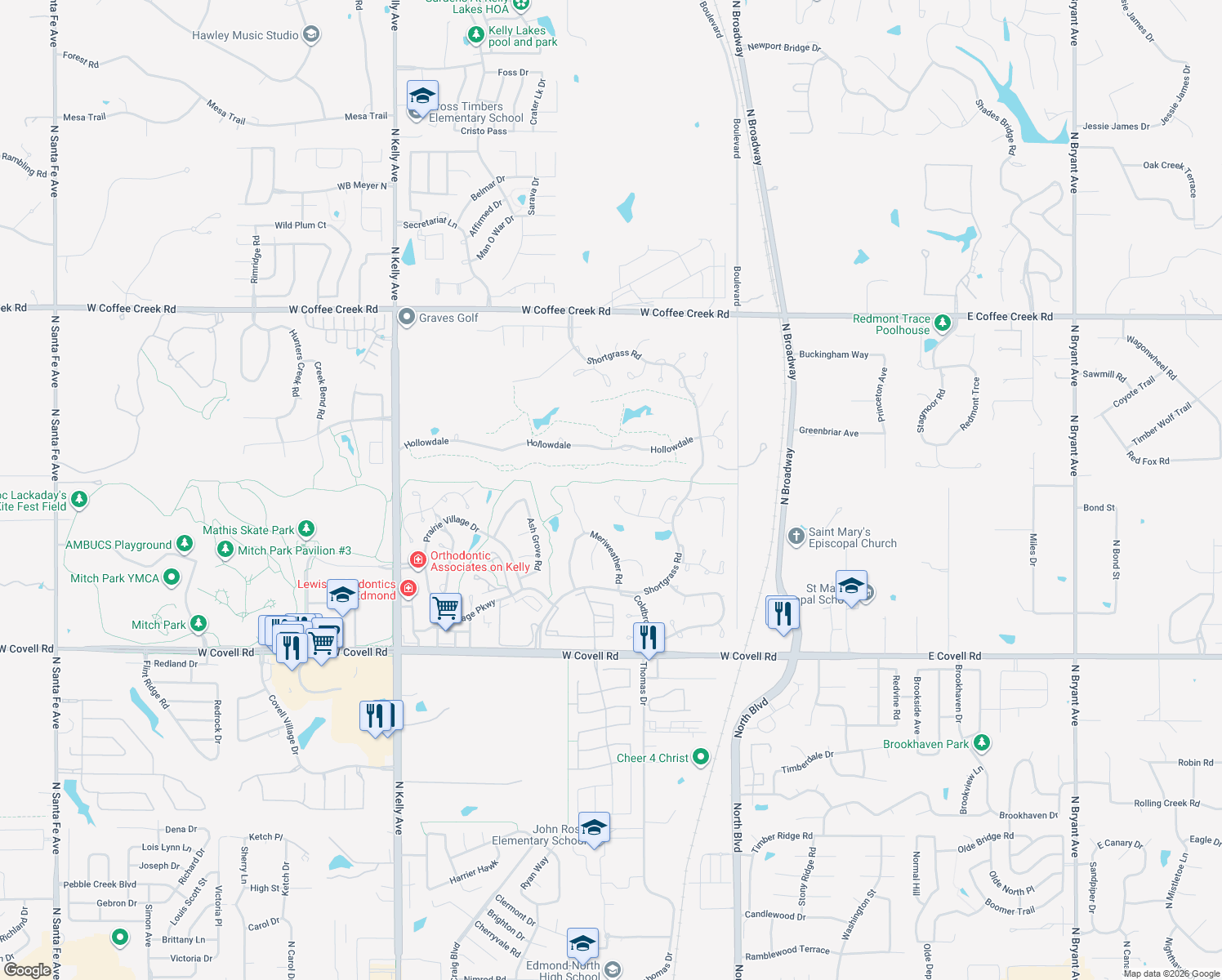 map of restaurants, bars, coffee shops, grocery stores, and more near 417 Heritage Green Road in Edmond