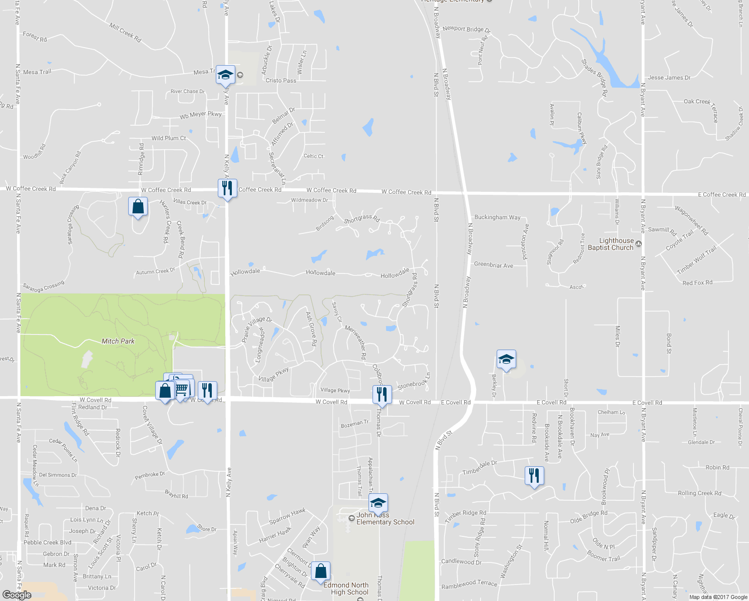 map of restaurants, bars, coffee shops, grocery stores, and more near 3317 Heritage Green Trail in Edmond
