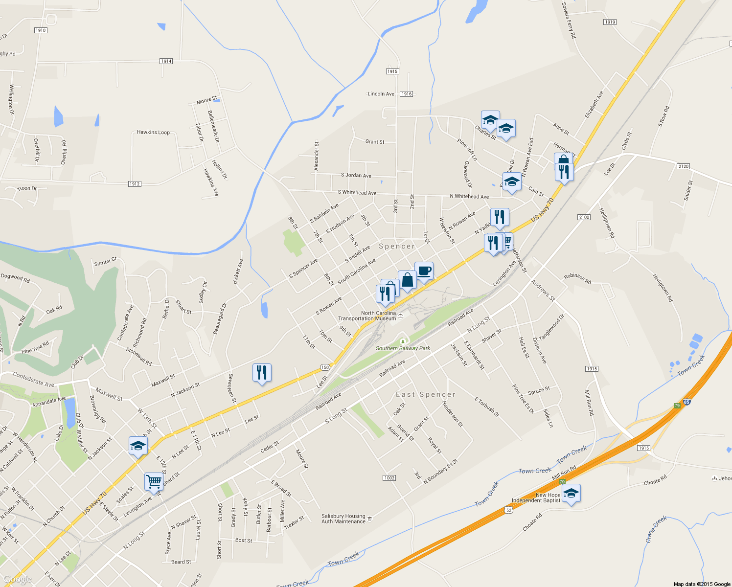 map of restaurants, bars, coffee shops, grocery stores, and more near 602 South Yadkin Avenue in Spencer