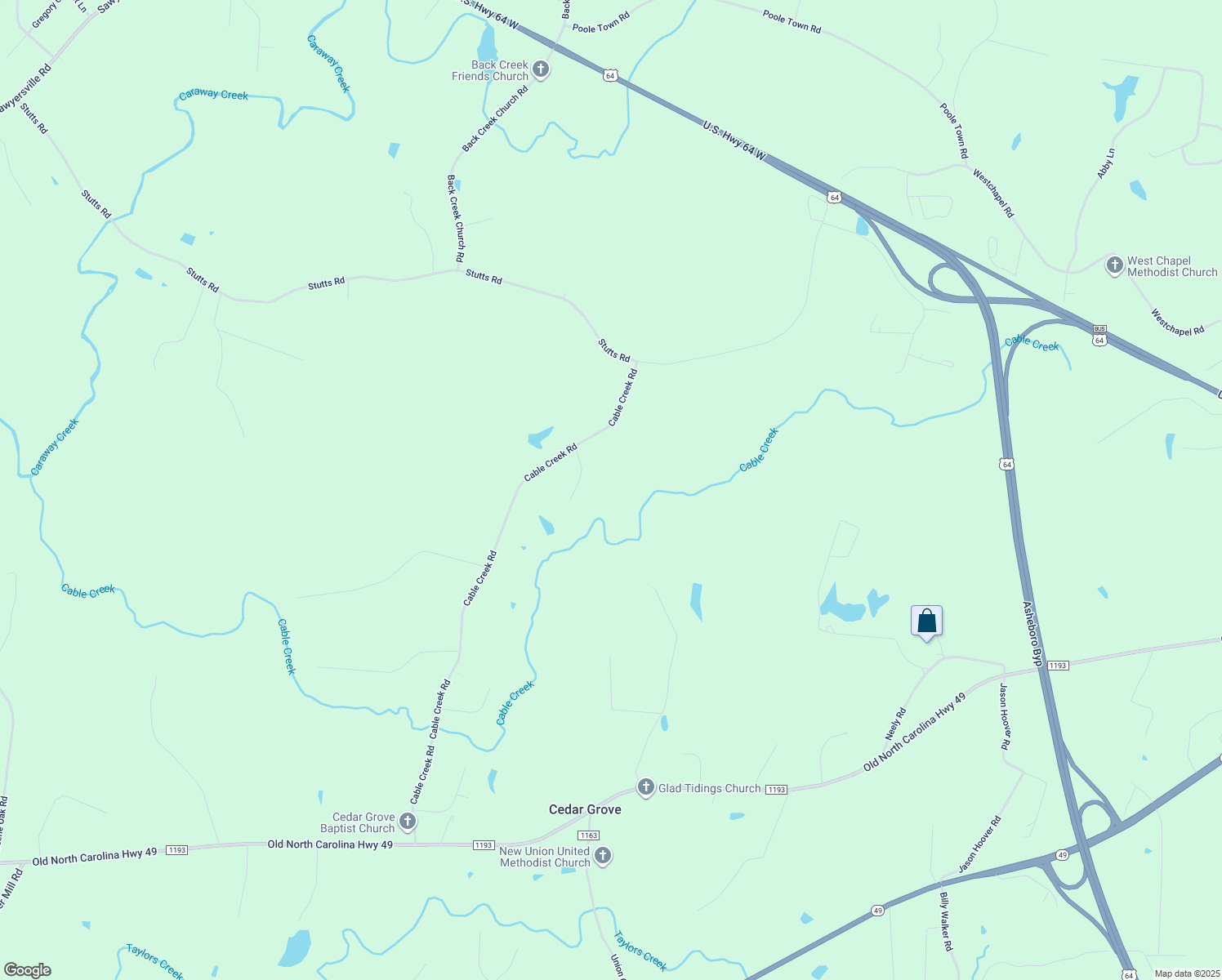 map of restaurants, bars, coffee shops, grocery stores, and more near 631 Cable Creek Road in Asheboro