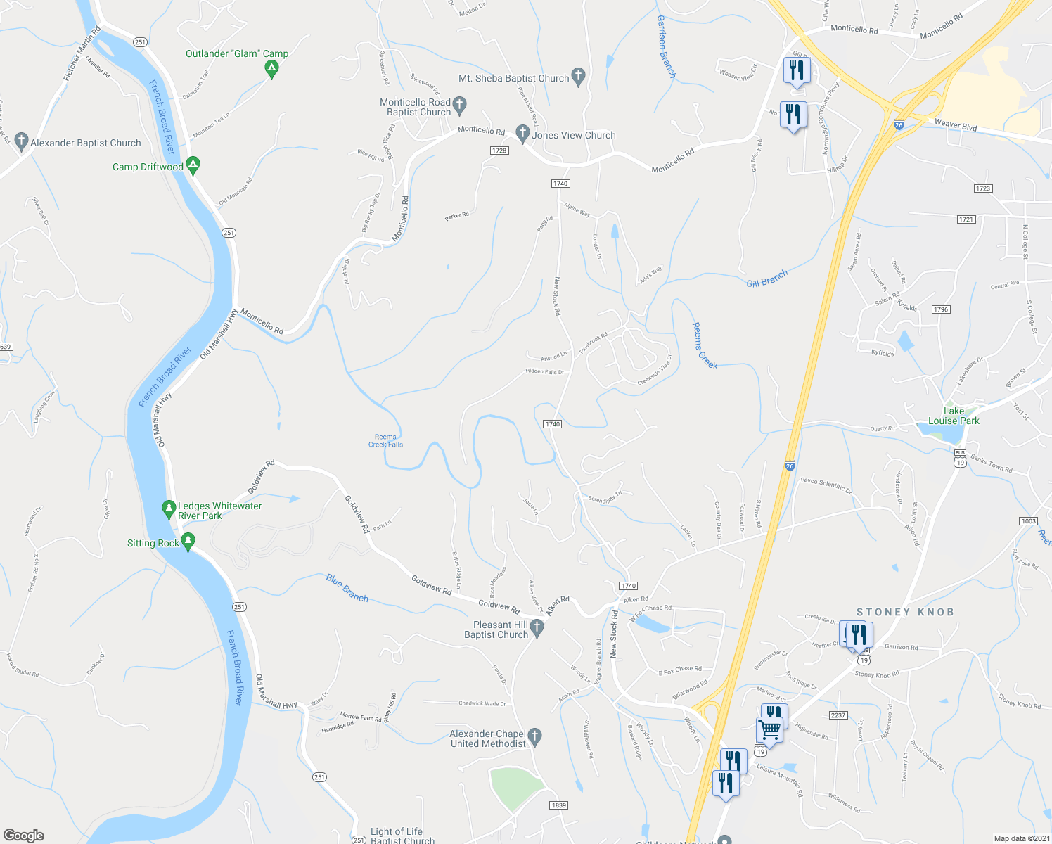 map of restaurants, bars, coffee shops, grocery stores, and more near 324 New Stock Road in Asheville