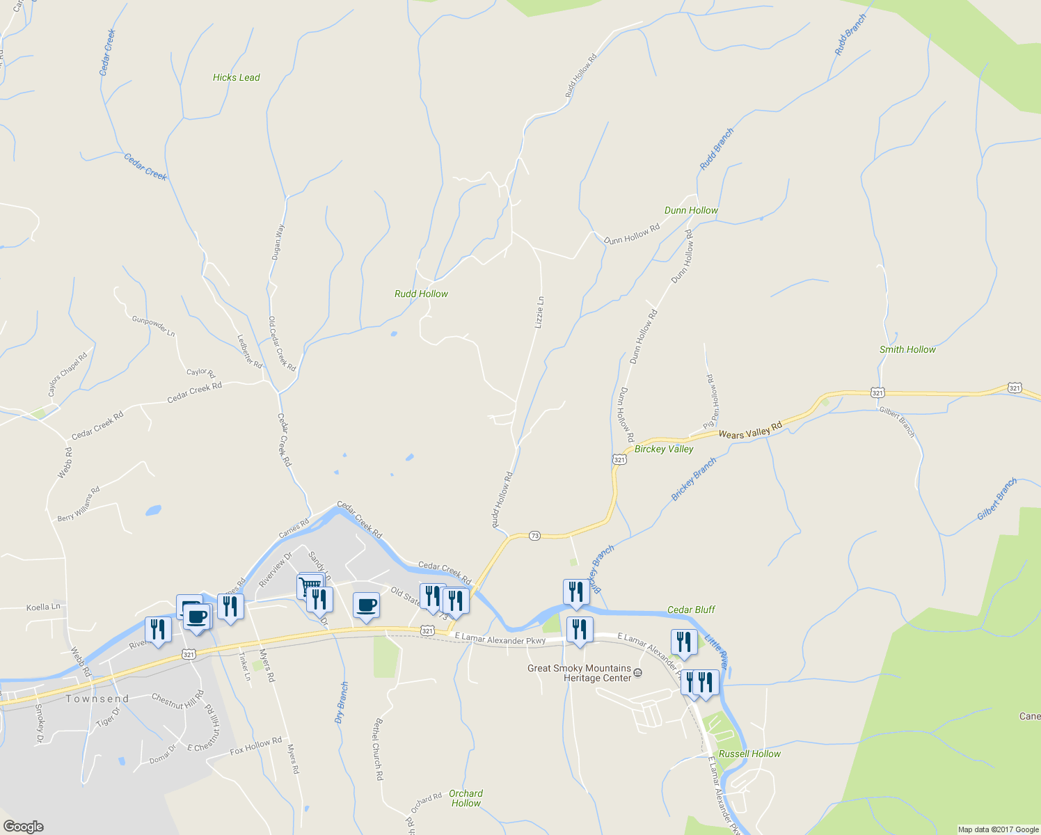 map of restaurants, bars, coffee shops, grocery stores, and more near 426 Rudd Hollow Road in Townsend
