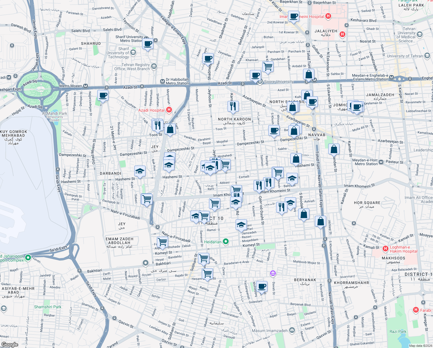 map of restaurants, bars, coffee shops, grocery stores, and more near Jeyhoon Street in Tehran