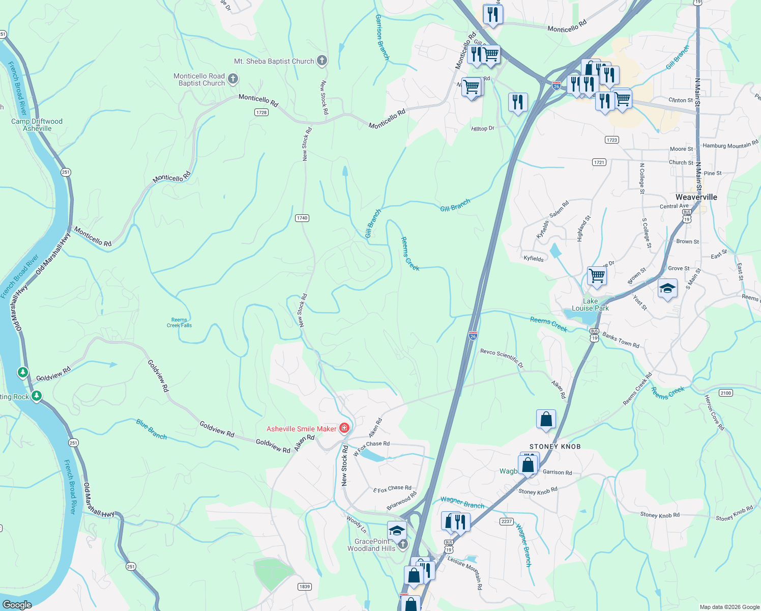 map of restaurants, bars, coffee shops, grocery stores, and more near 99999 Nichols Hill Drive in Asheville