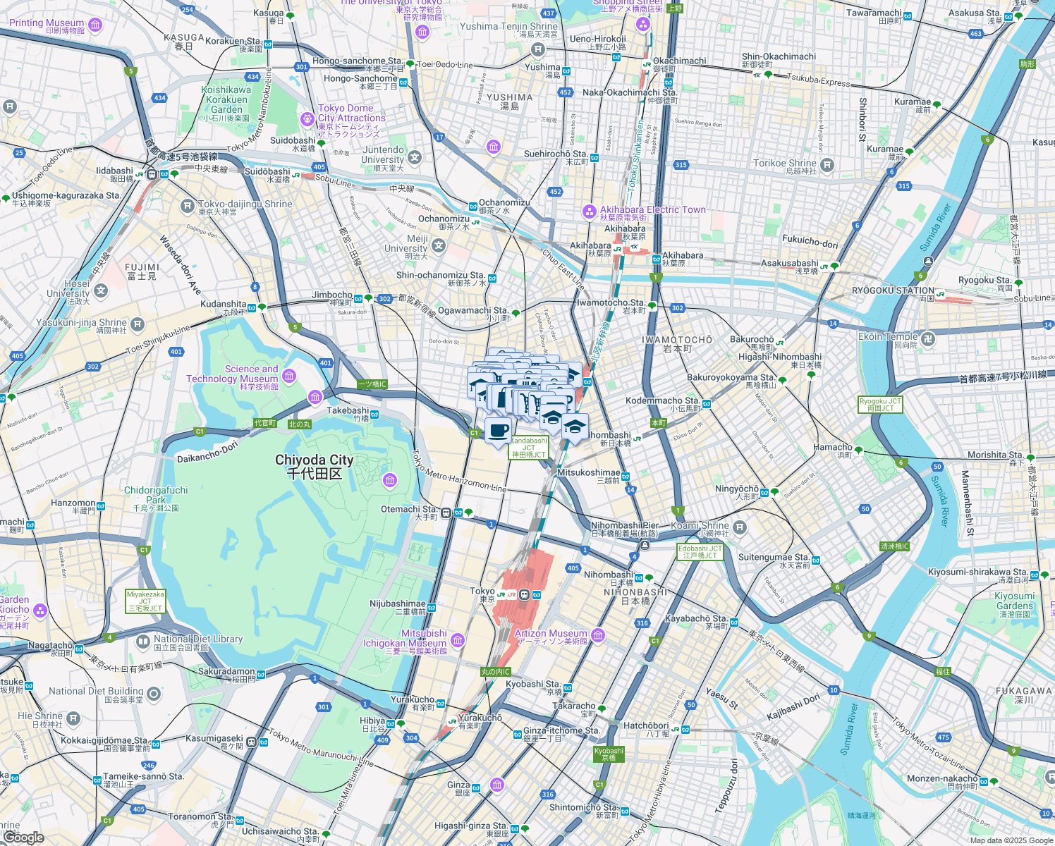 map of restaurants, bars, coffee shops, grocery stores, and more near in Chiyoda City