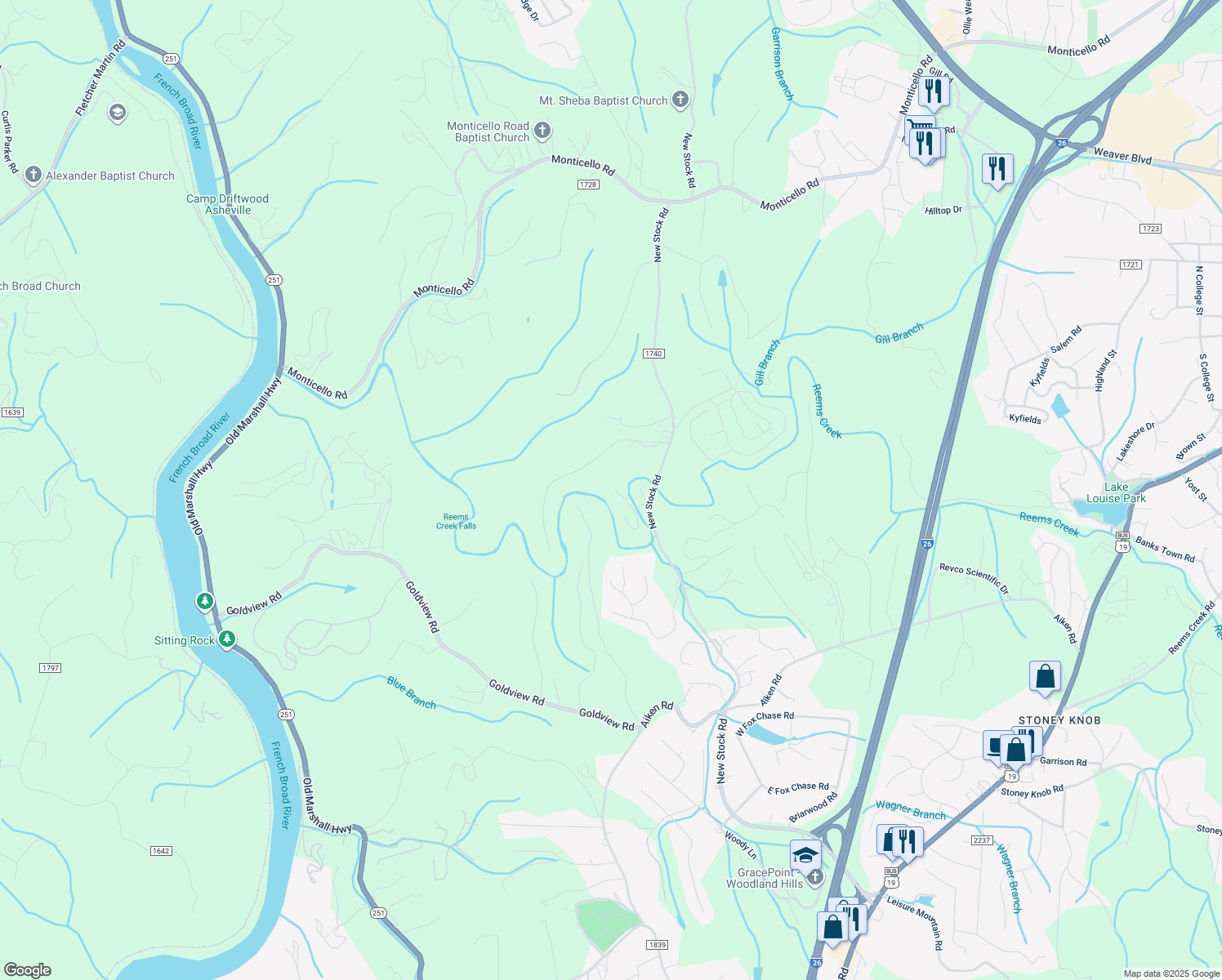 map of restaurants, bars, coffee shops, grocery stores, and more near 324 New Stock Road in Asheville