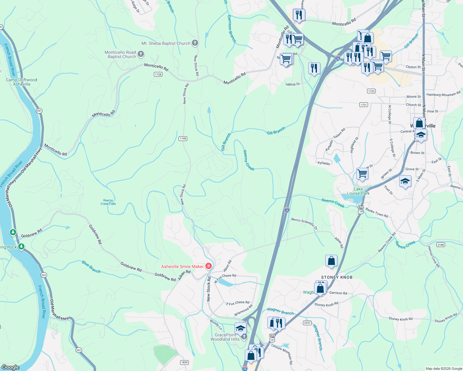 map of restaurants, bars, coffee shops, grocery stores, and more near 53 Creekside View Drive in Asheville