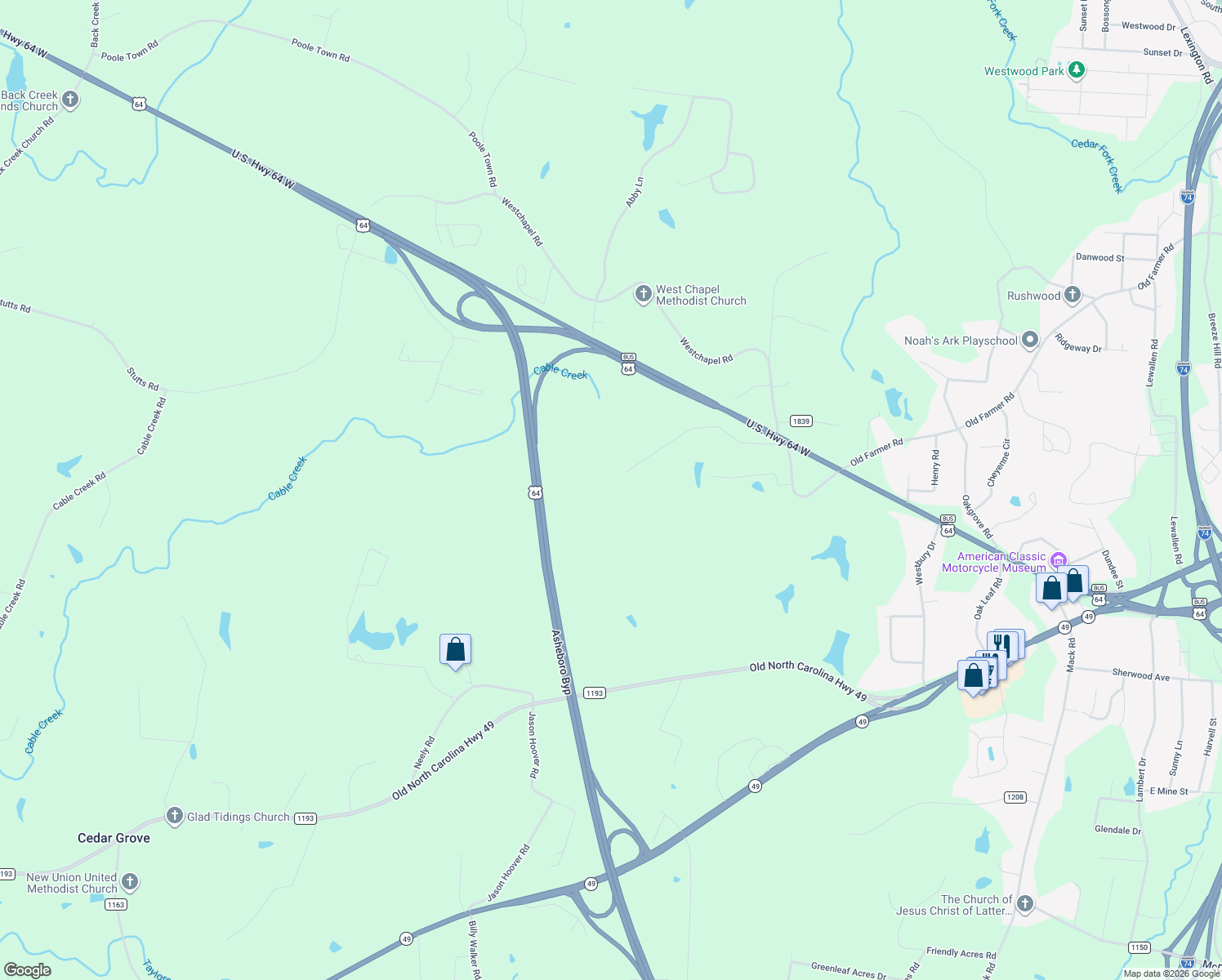 map of restaurants, bars, coffee shops, grocery stores, and more near 1617 Skeen View Road in Asheboro