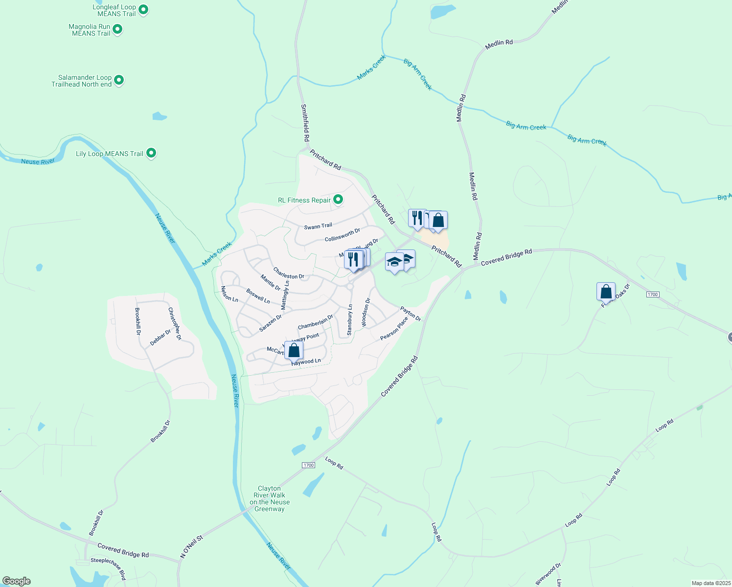 map of restaurants, bars, coffee shops, grocery stores, and more near 145 Woodson Drive in Clayton