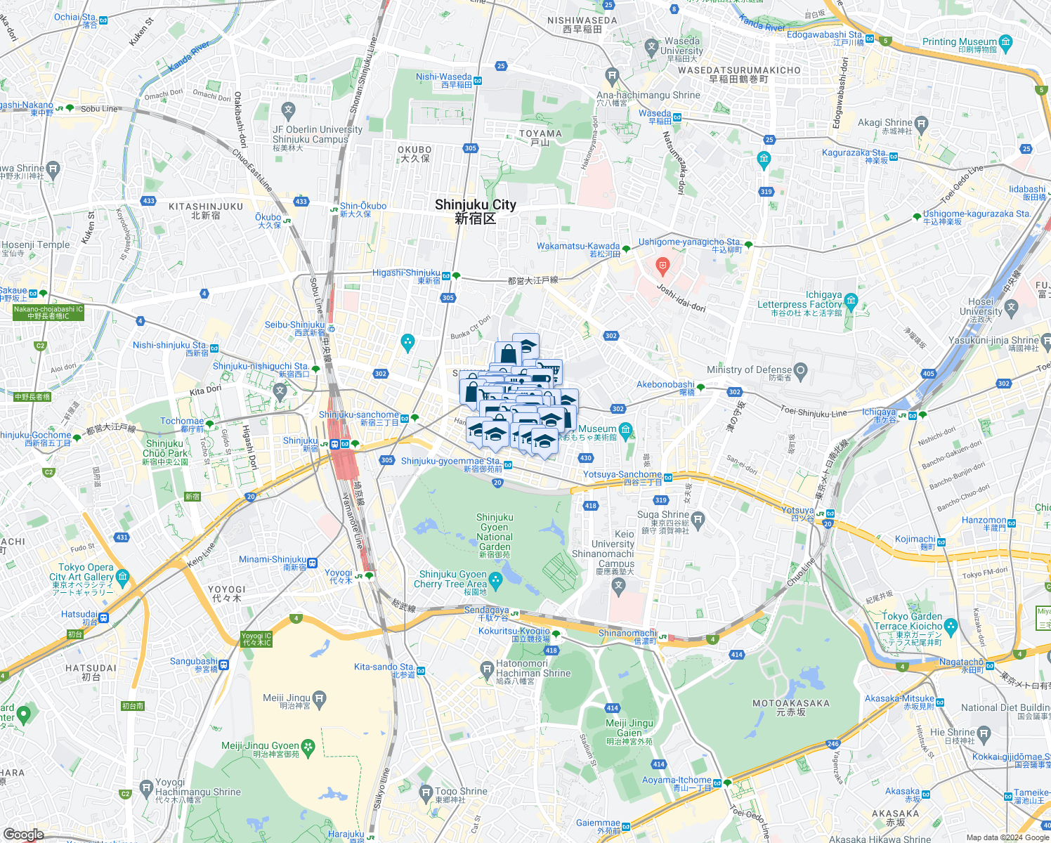 map of restaurants, bars, coffee shops, grocery stores, and more near in Shinjuku City