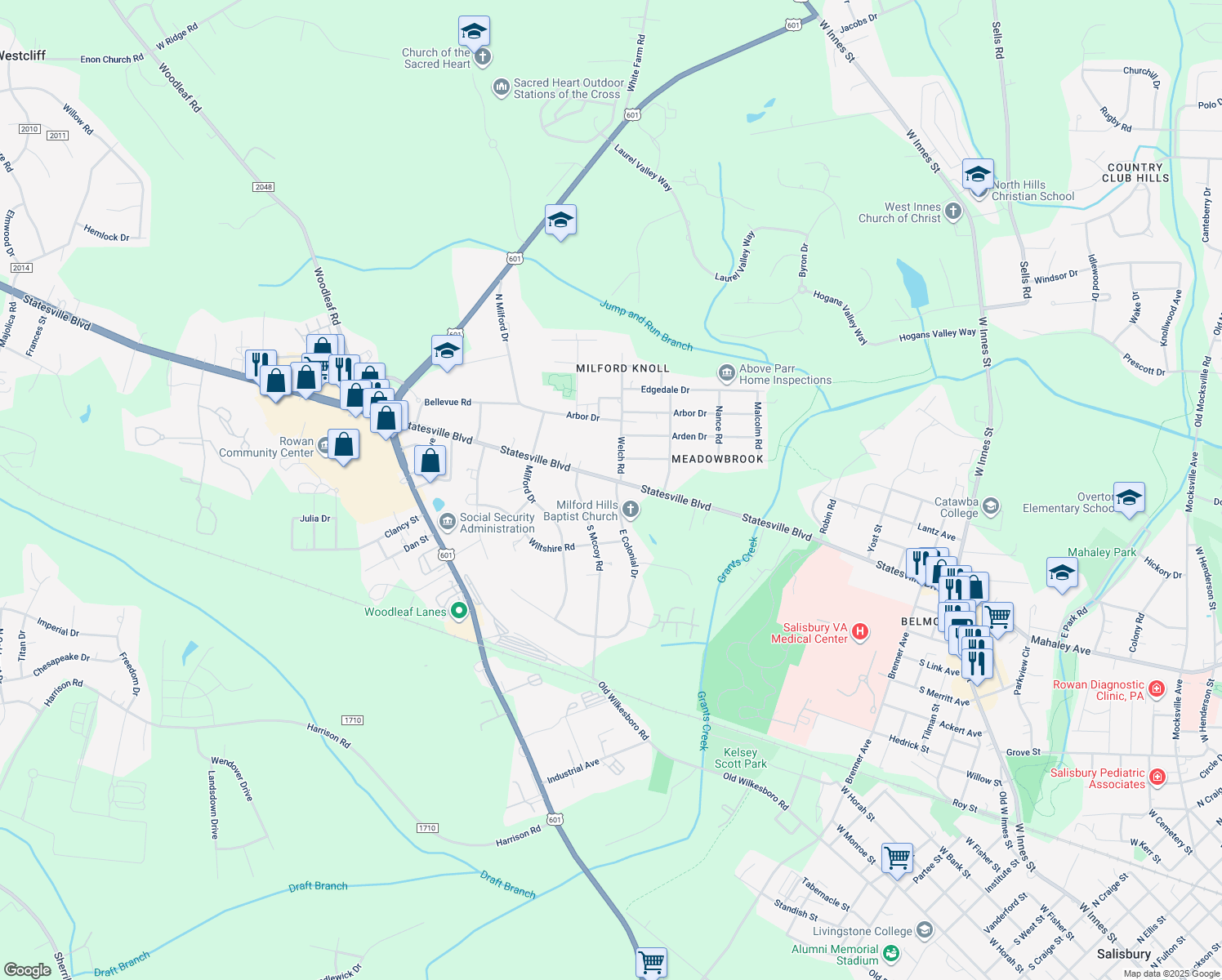 map of restaurants, bars, coffee shops, grocery stores, and more near 1405 Statesville Boulevard in Salisbury