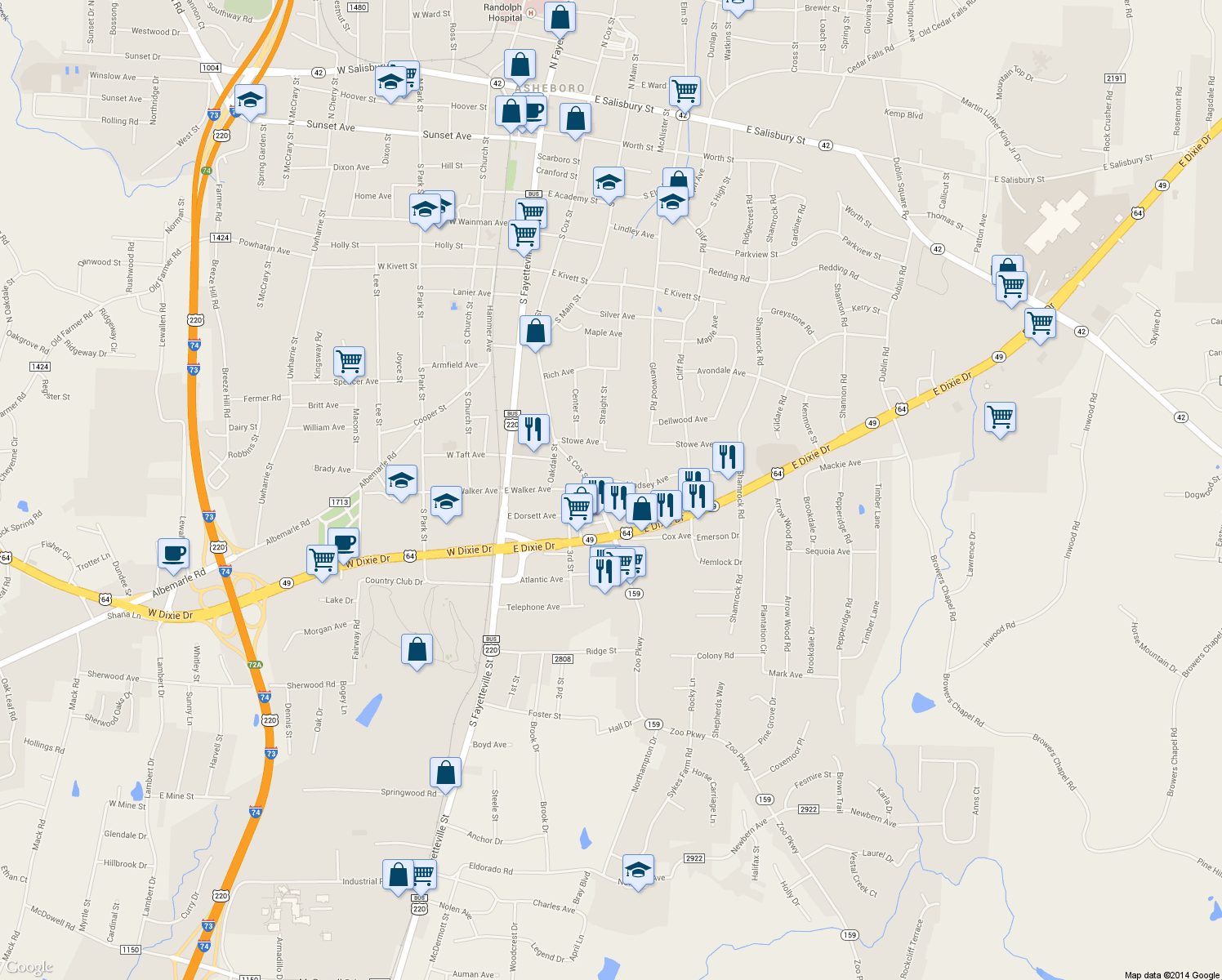 map of restaurants, bars, coffee shops, grocery stores, and more near 456 Lindsey Avenue in Asheboro