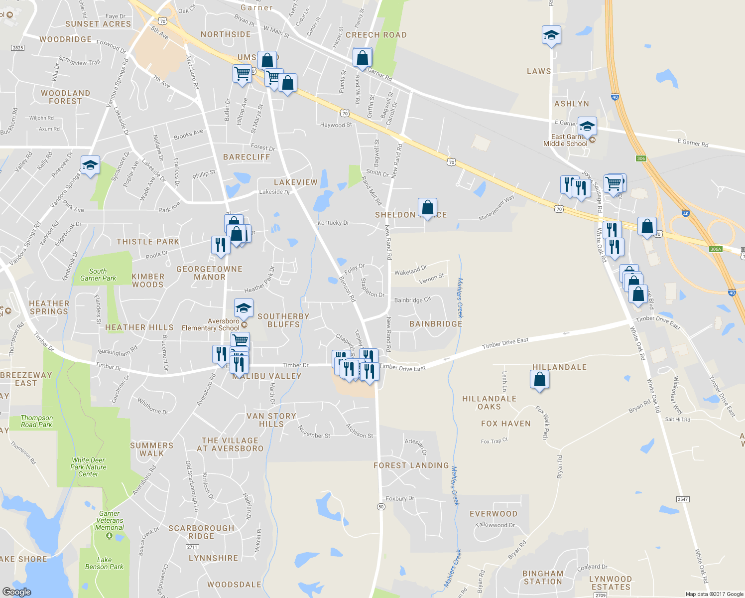 map of restaurants, bars, coffee shops, grocery stores, and more near 1316 Stapleton Drive in Garner