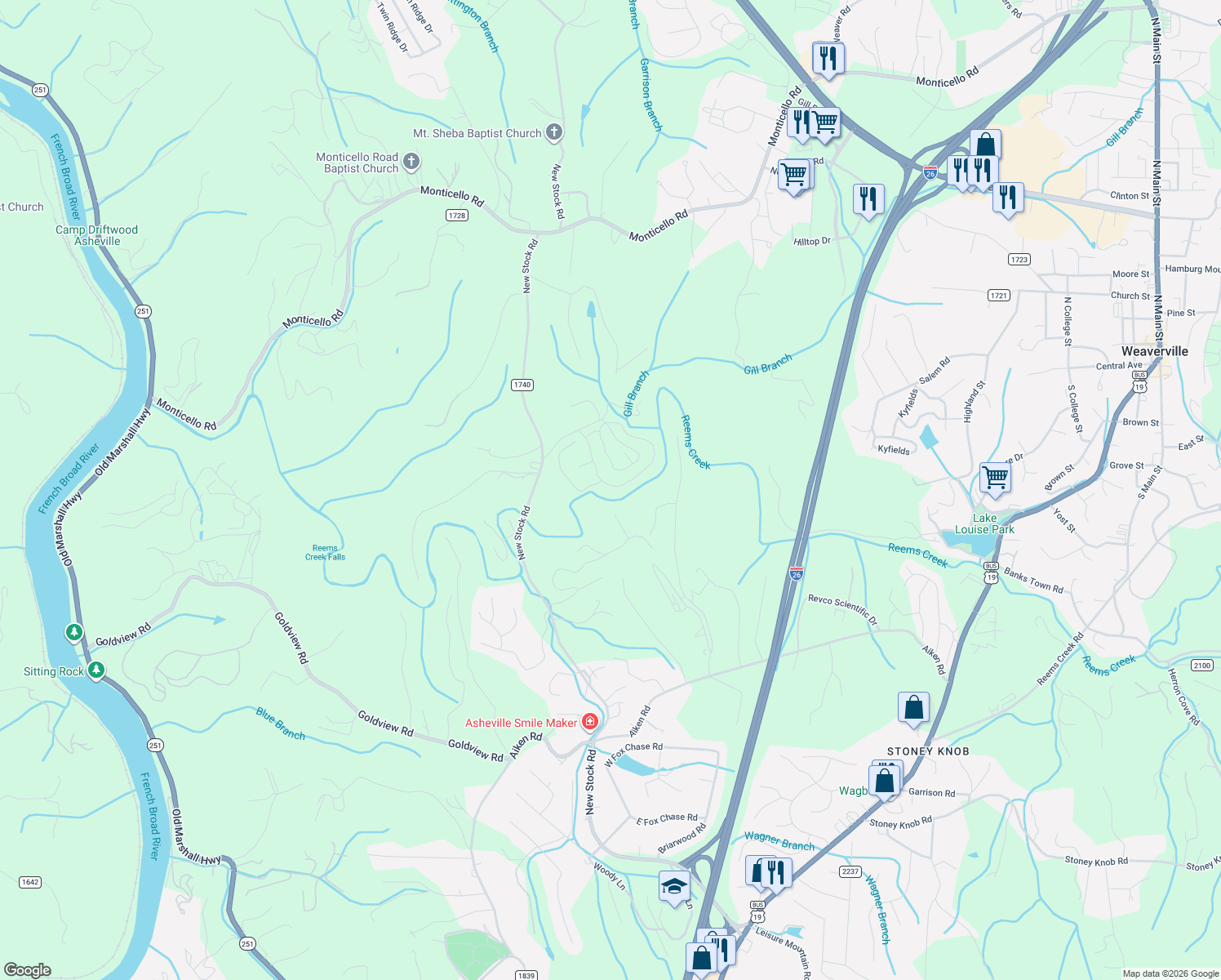 map of restaurants, bars, coffee shops, grocery stores, and more near 33 Creekside View Drive in Asheville