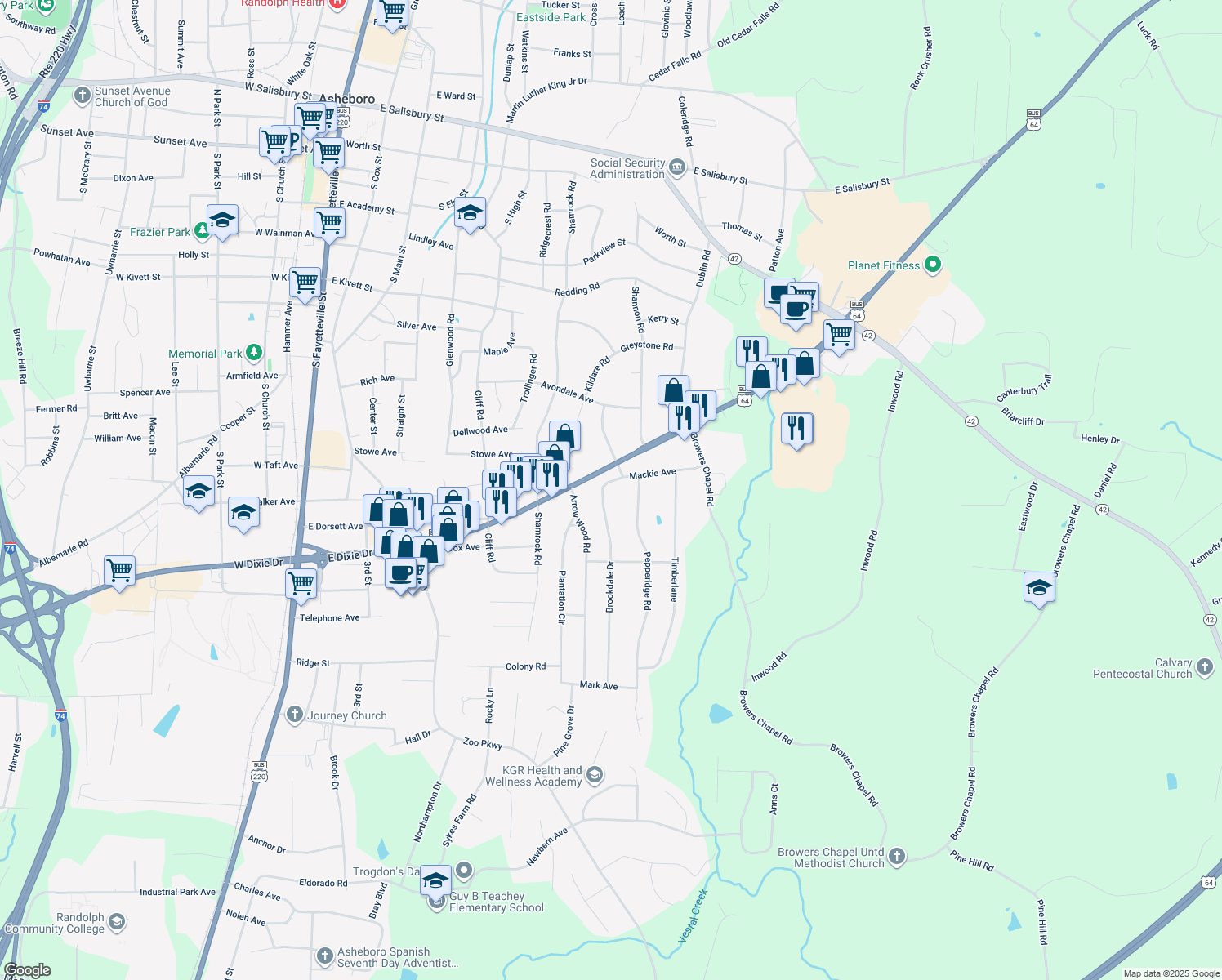 map of restaurants, bars, coffee shops, grocery stores, and more near 1121 Brookdale Drive in Asheboro