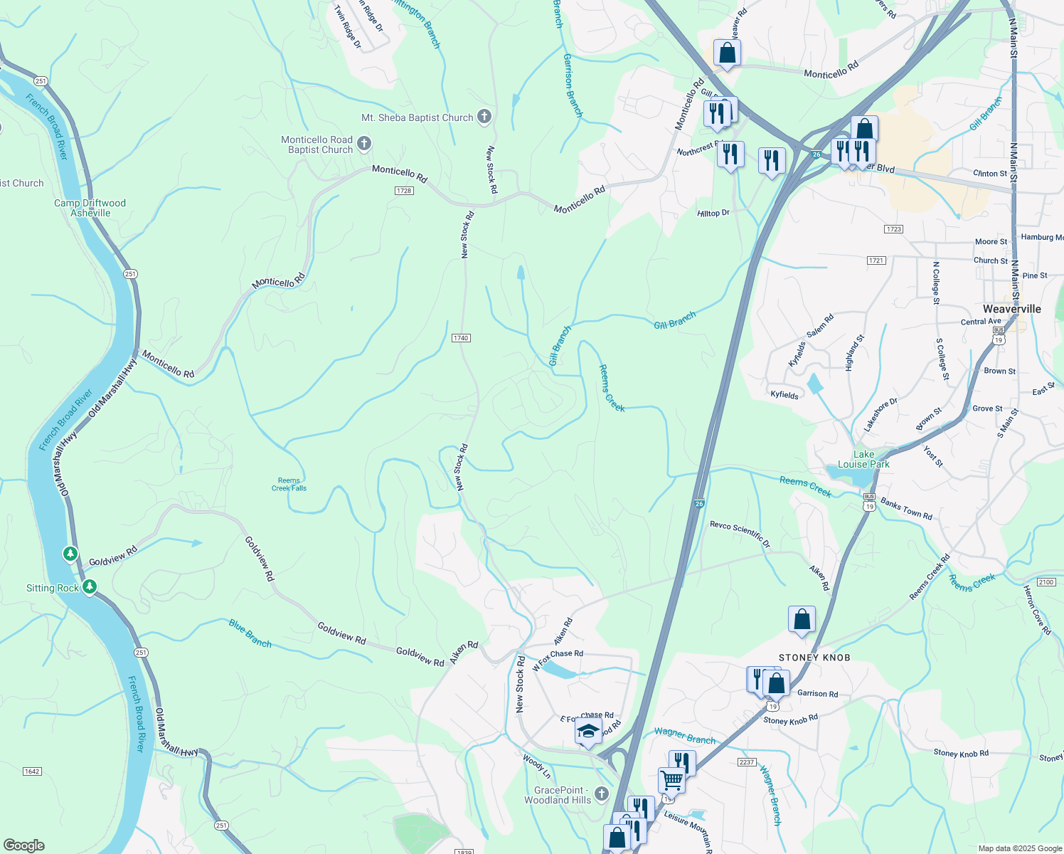 map of restaurants, bars, coffee shops, grocery stores, and more near 33 Creekside View Drive in Asheville