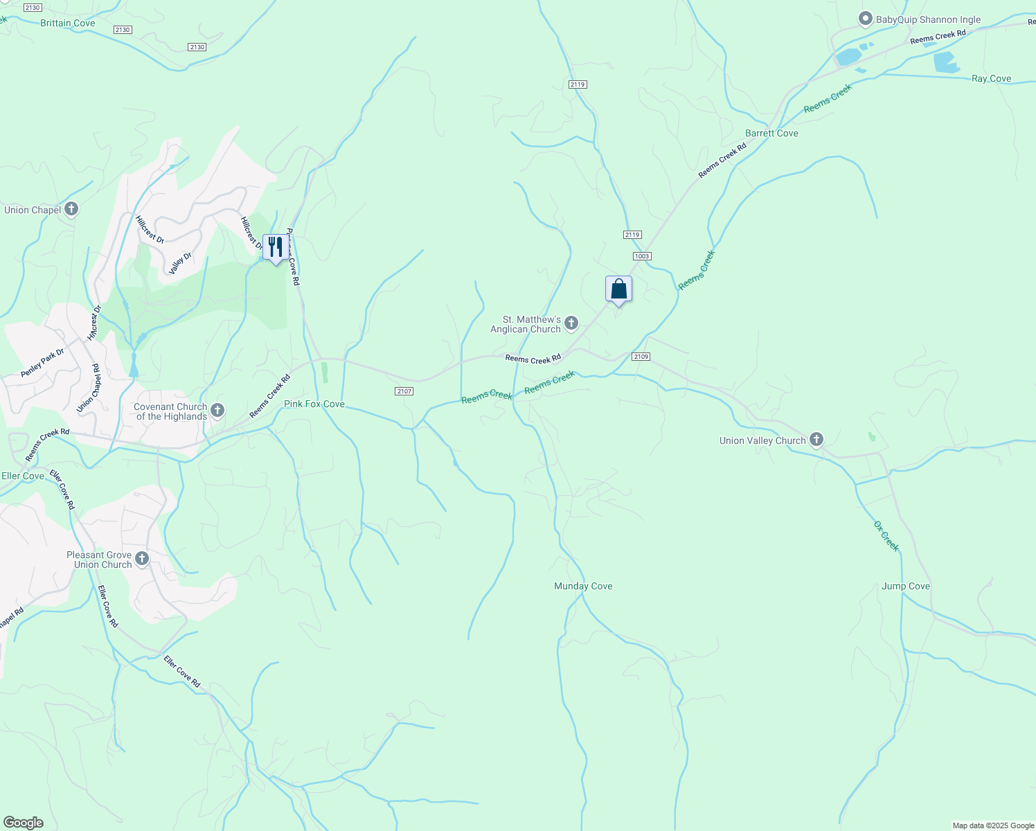 map of restaurants, bars, coffee shops, grocery stores, and more near 14 Sundance Rd in Weaverville