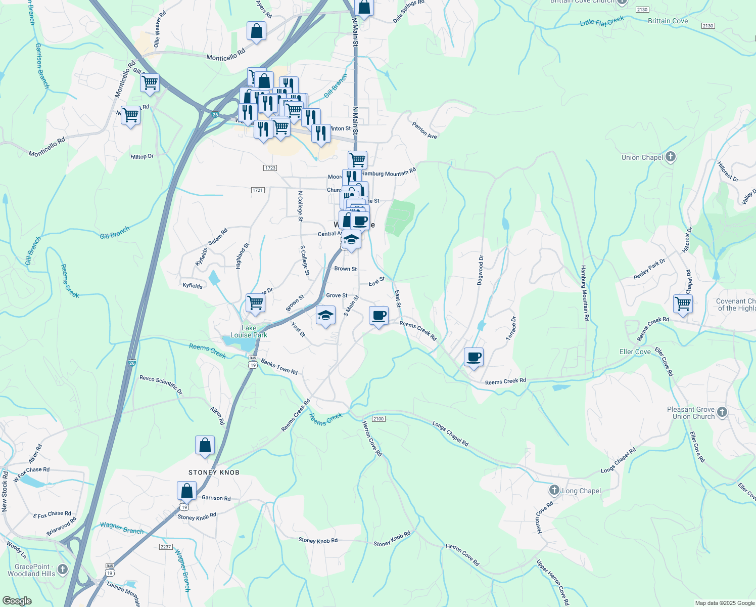 map of restaurants, bars, coffee shops, grocery stores, and more near 18 Hillside Street in Weaverville