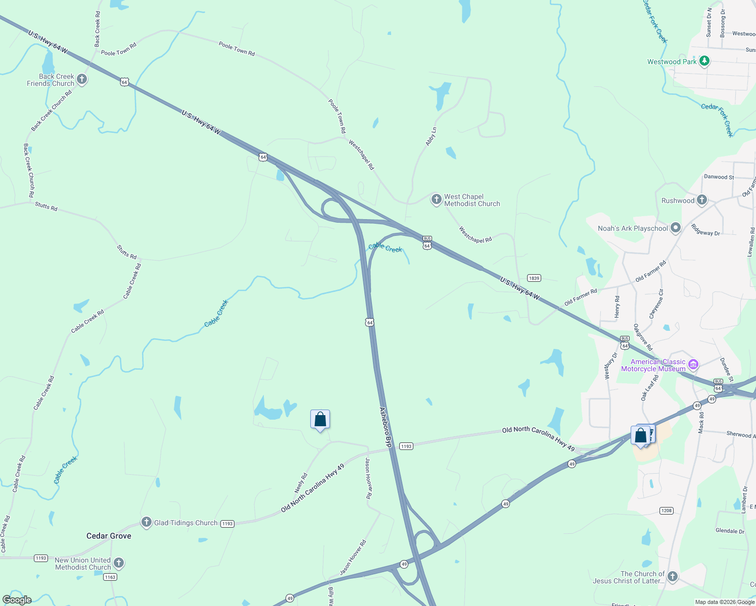 map of restaurants, bars, coffee shops, grocery stores, and more near U.S. Highway 64 in Asheboro