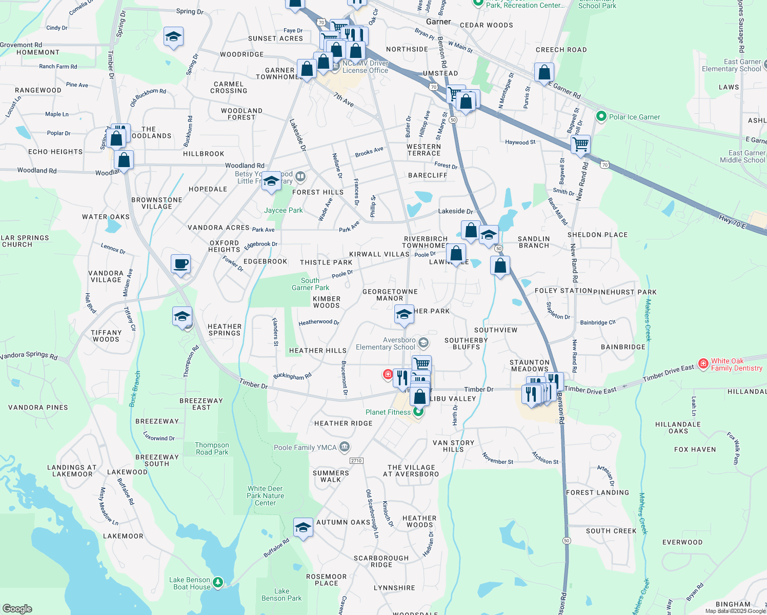 map of restaurants, bars, coffee shops, grocery stores, and more near 130 Village Green Trail in Garner