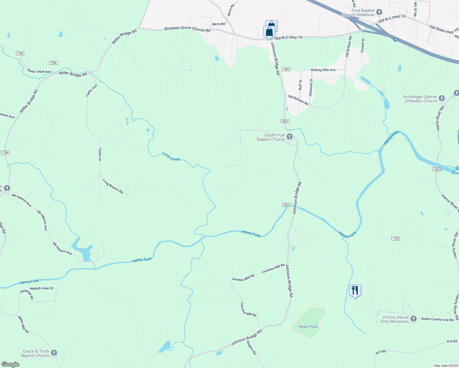 map of restaurants, bars, coffee shops, grocery stores, and more near 8265 Rock Lane in Hildebran