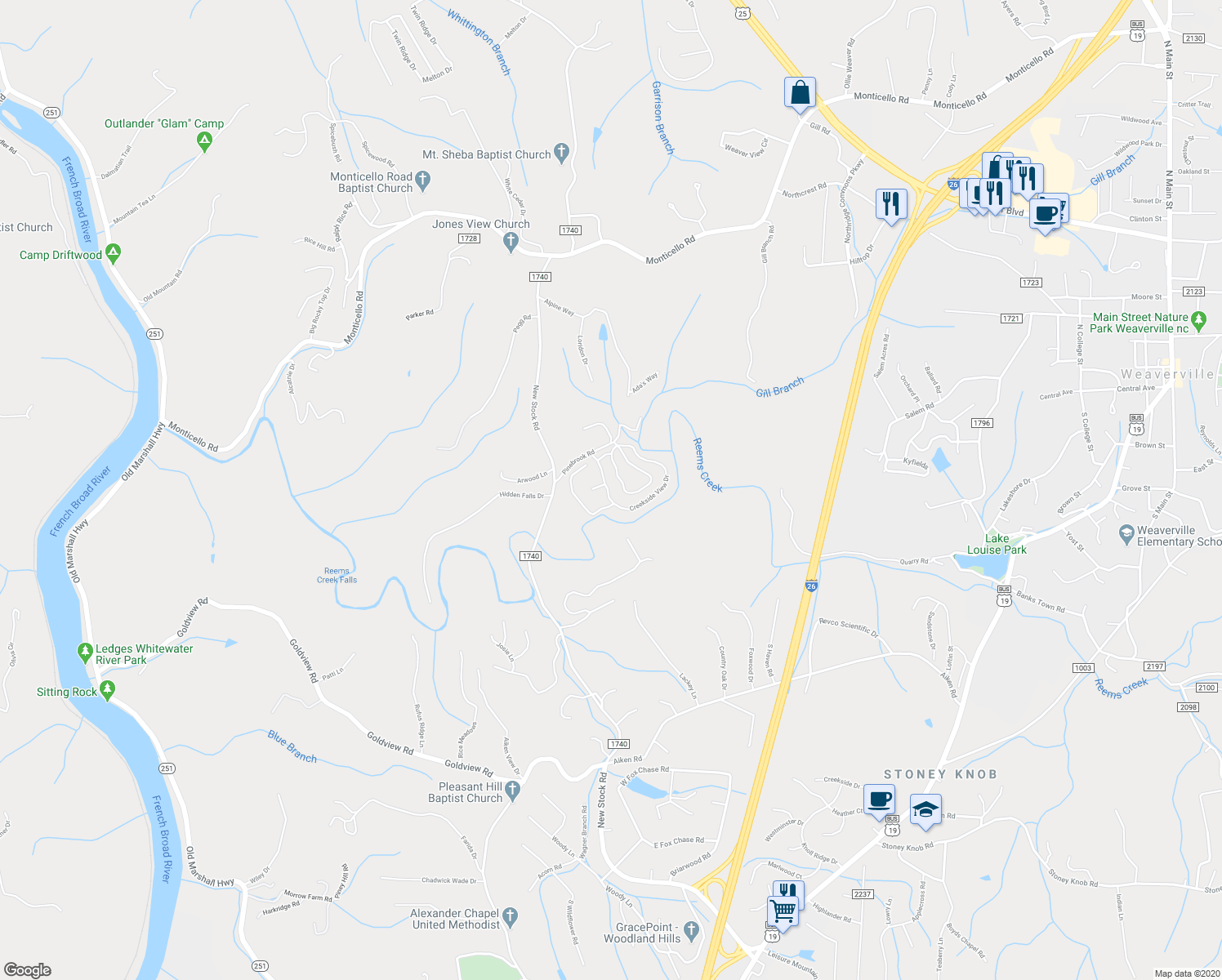 map of restaurants, bars, coffee shops, grocery stores, and more near 20 Creekside View Drive in Asheville
