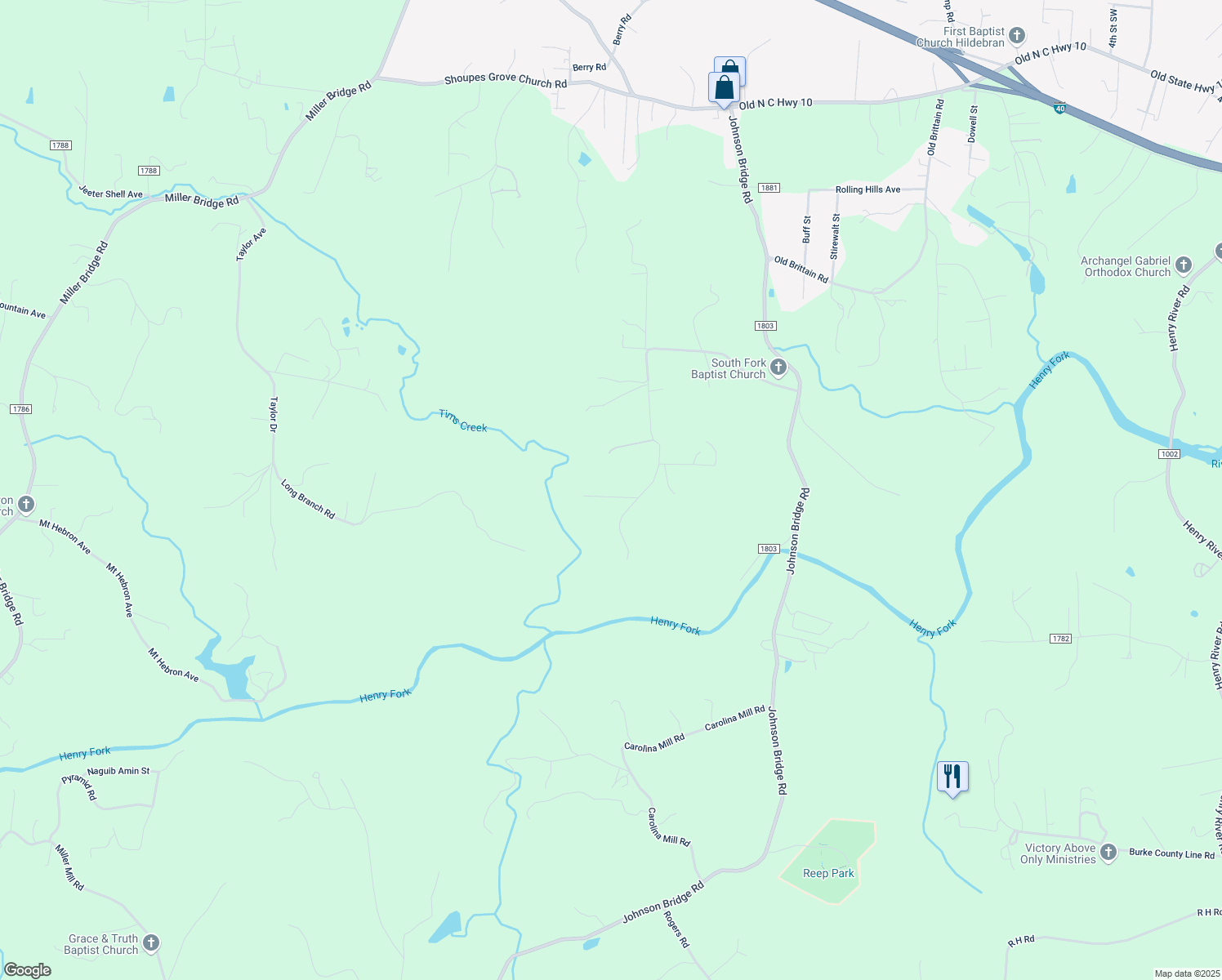 map of restaurants, bars, coffee shops, grocery stores, and more near 8265 Rock Lane in Hildebran