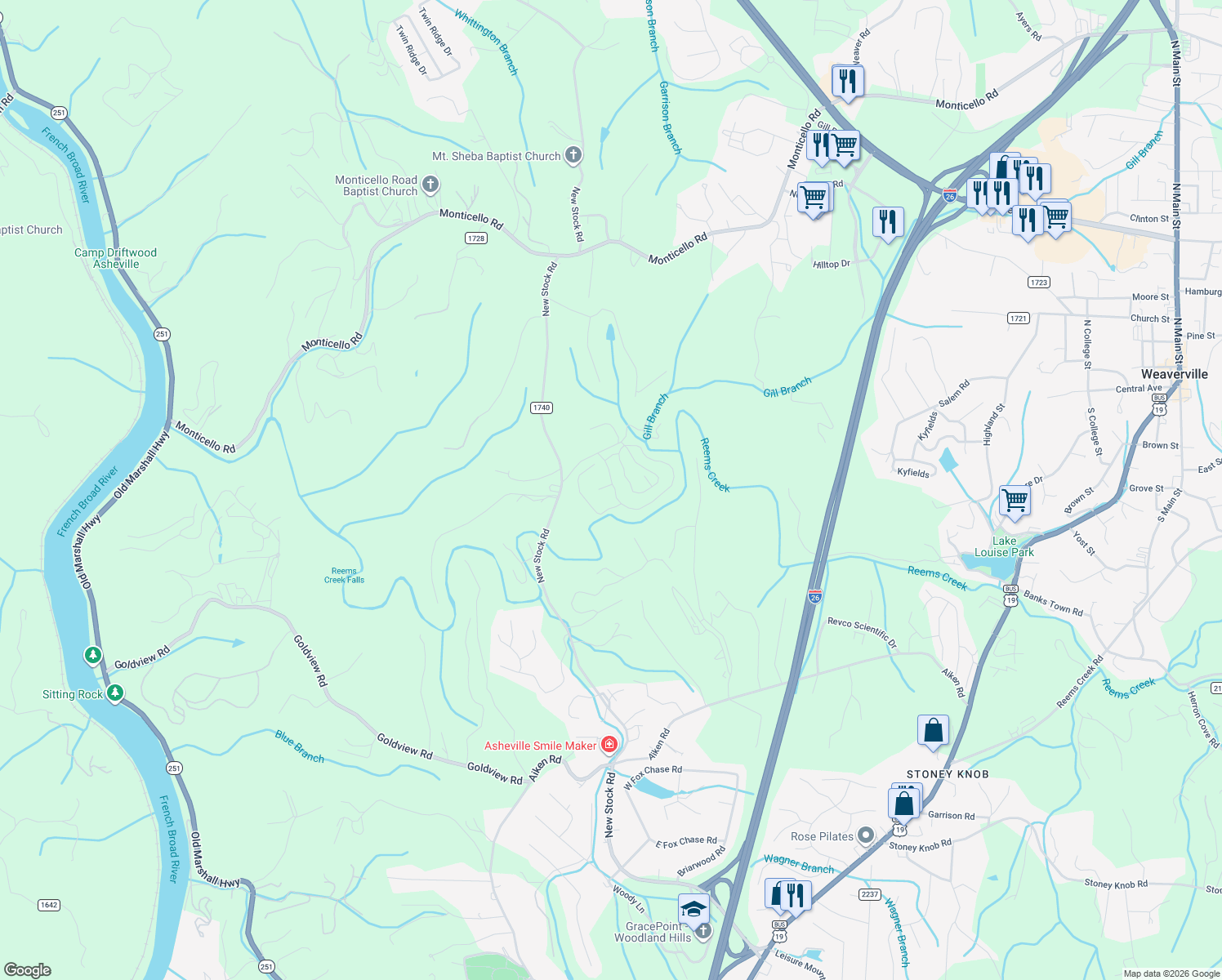 map of restaurants, bars, coffee shops, grocery stores, and more near 20 Creekside View Drive in Asheville