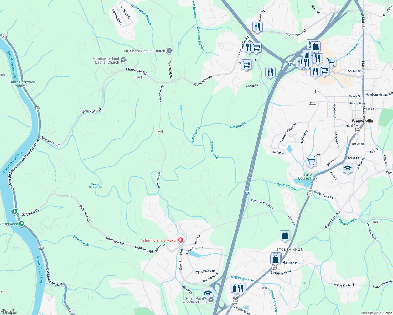 map of restaurants, bars, coffee shops, grocery stores, and more near 99999 Craftsman View Drive in Asheville
