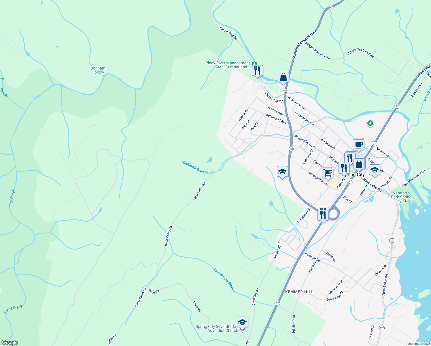 map of restaurants, bars, coffee shops, grocery stores, and more near Back Valley Road in Spring City