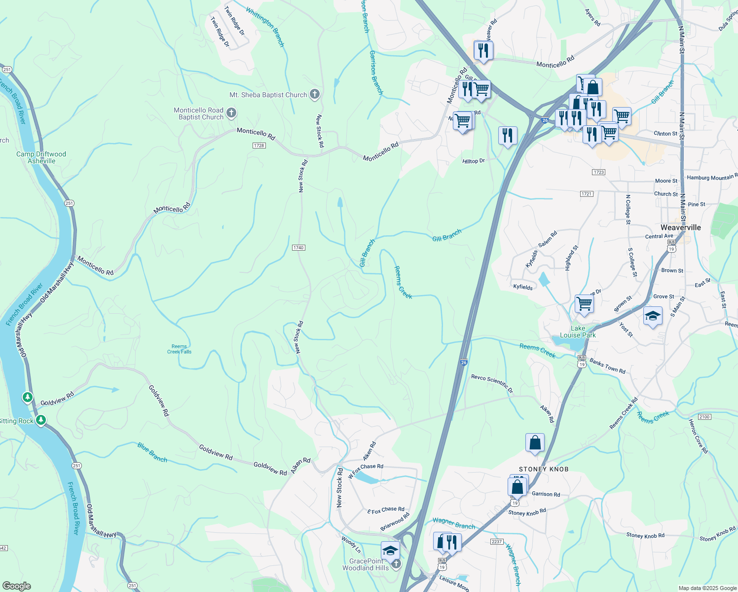 map of restaurants, bars, coffee shops, grocery stores, and more near 36 Craftsman View Drive in Asheville
