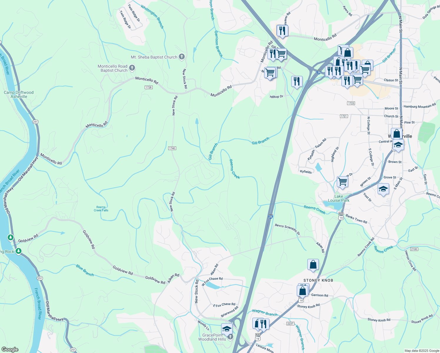 map of restaurants, bars, coffee shops, grocery stores, and more near 61 Creekside View Drive in Asheville