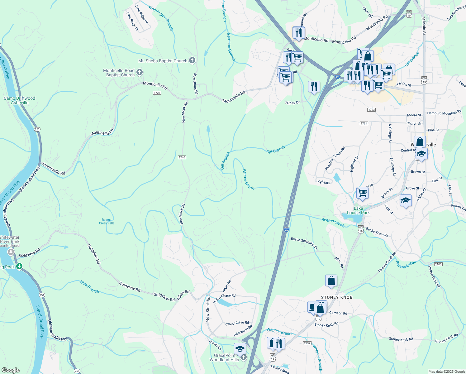 map of restaurants, bars, coffee shops, grocery stores, and more near 61 Creekside View Drive in Asheville