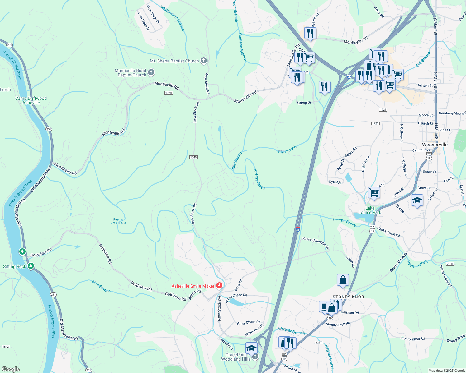 map of restaurants, bars, coffee shops, grocery stores, and more near 15 Craftsman View Drive in Asheville