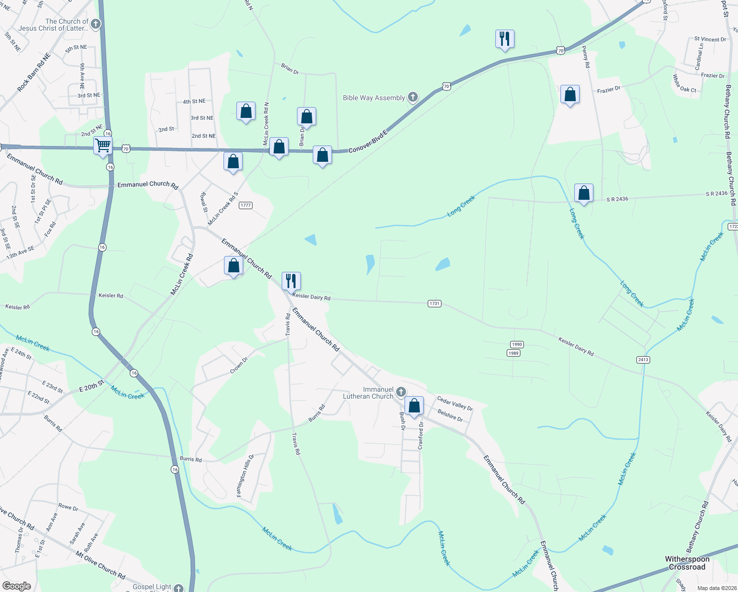 map of restaurants, bars, coffee shops, grocery stores, and more near 2061 Lakeside Ln in Conover