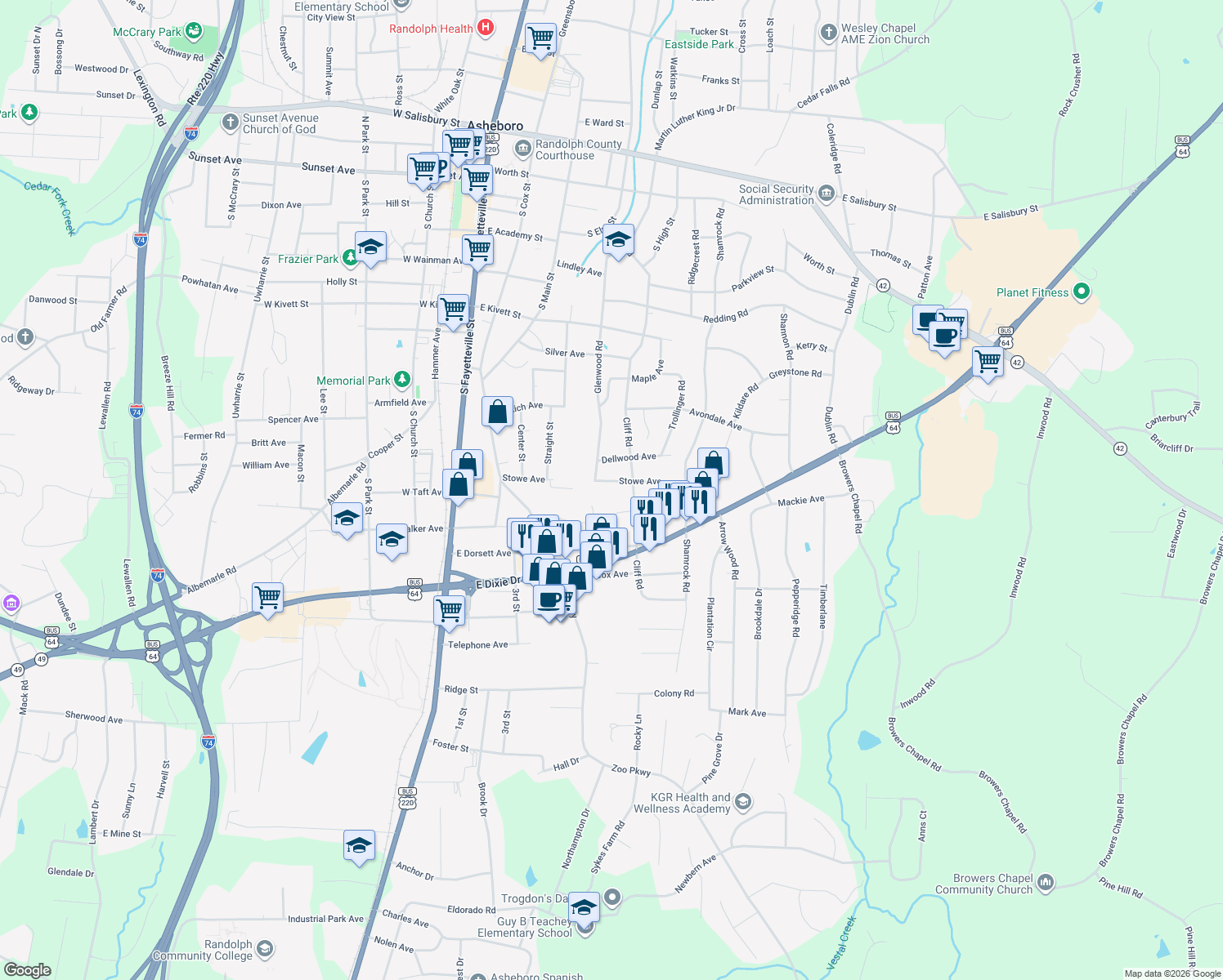 map of restaurants, bars, coffee shops, grocery stores, and more near 518 Stowe Avenue in Asheboro