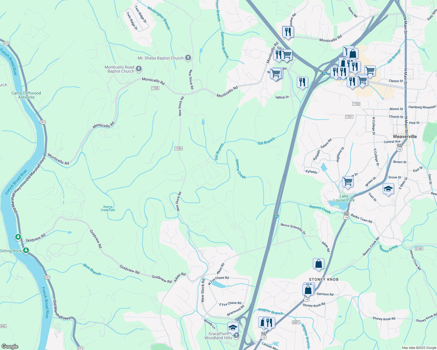 map of restaurants, bars, coffee shops, grocery stores, and more near 16 Holland Mountain View in Asheville