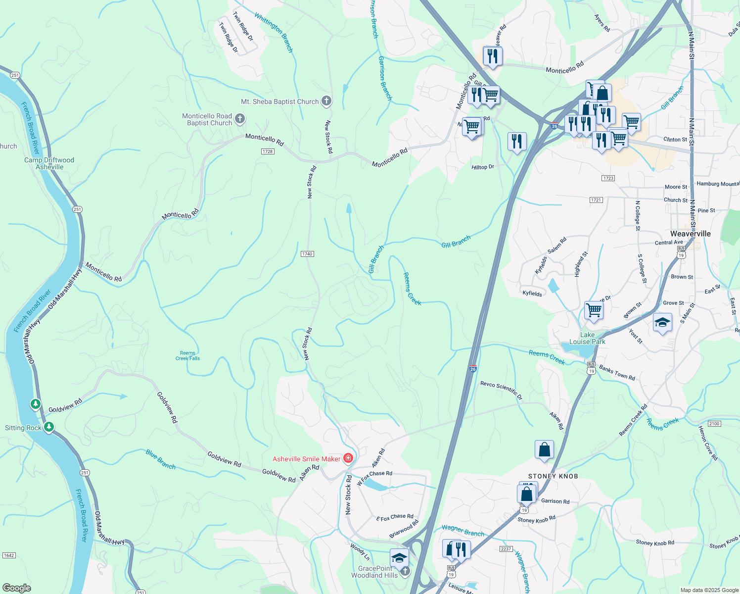 map of restaurants, bars, coffee shops, grocery stores, and more near 99999 Craftsman View Drive in Asheville