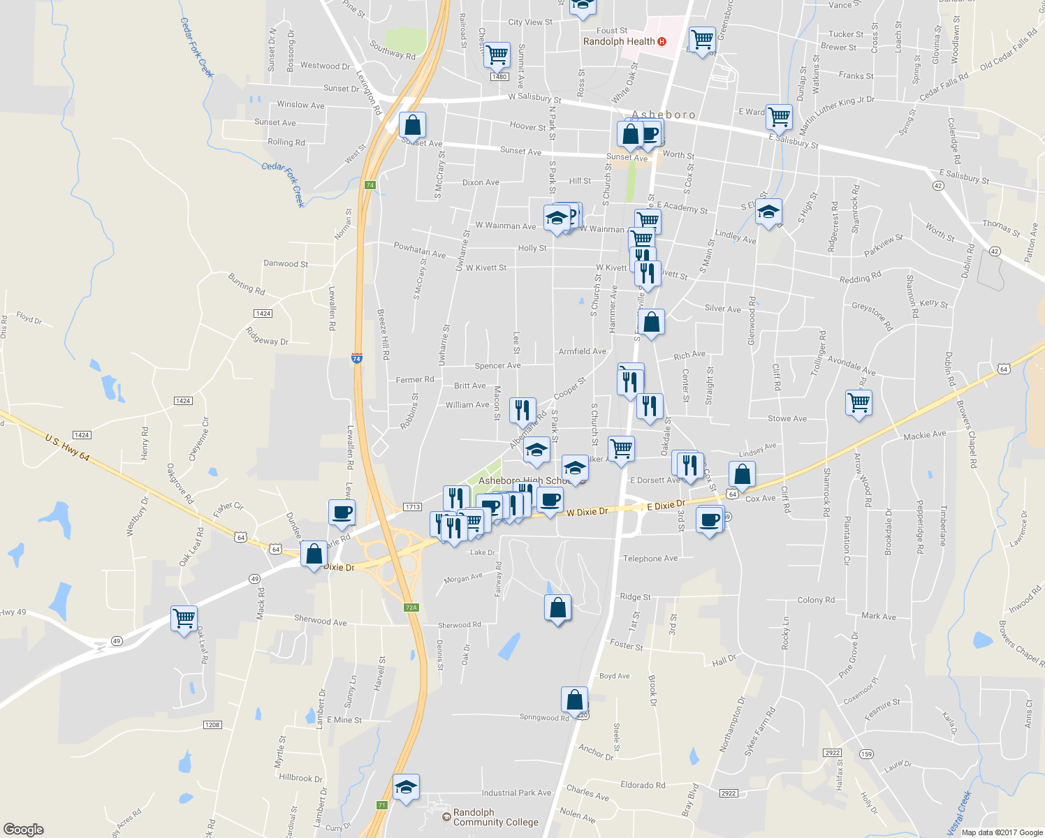 map of restaurants, bars, coffee shops, grocery stores, and more near 1011 Lee Street in Asheboro