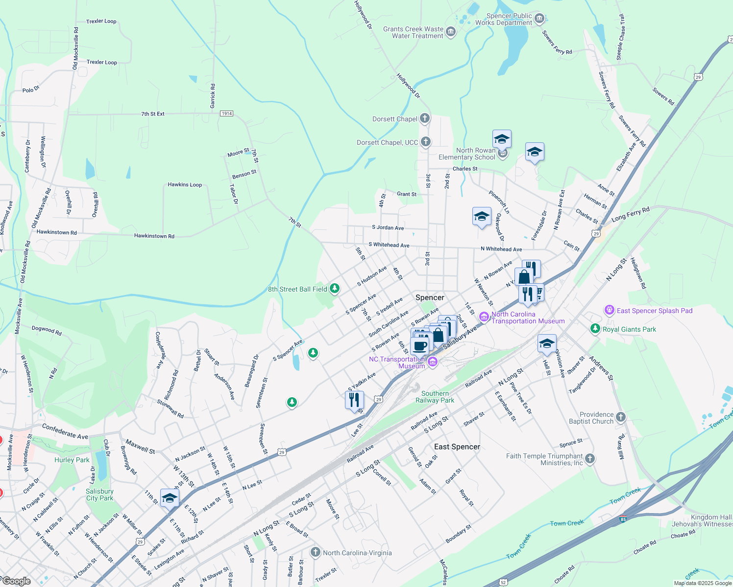 map of restaurants, bars, coffee shops, grocery stores, and more near 600 South Spencer Avenue in Spencer