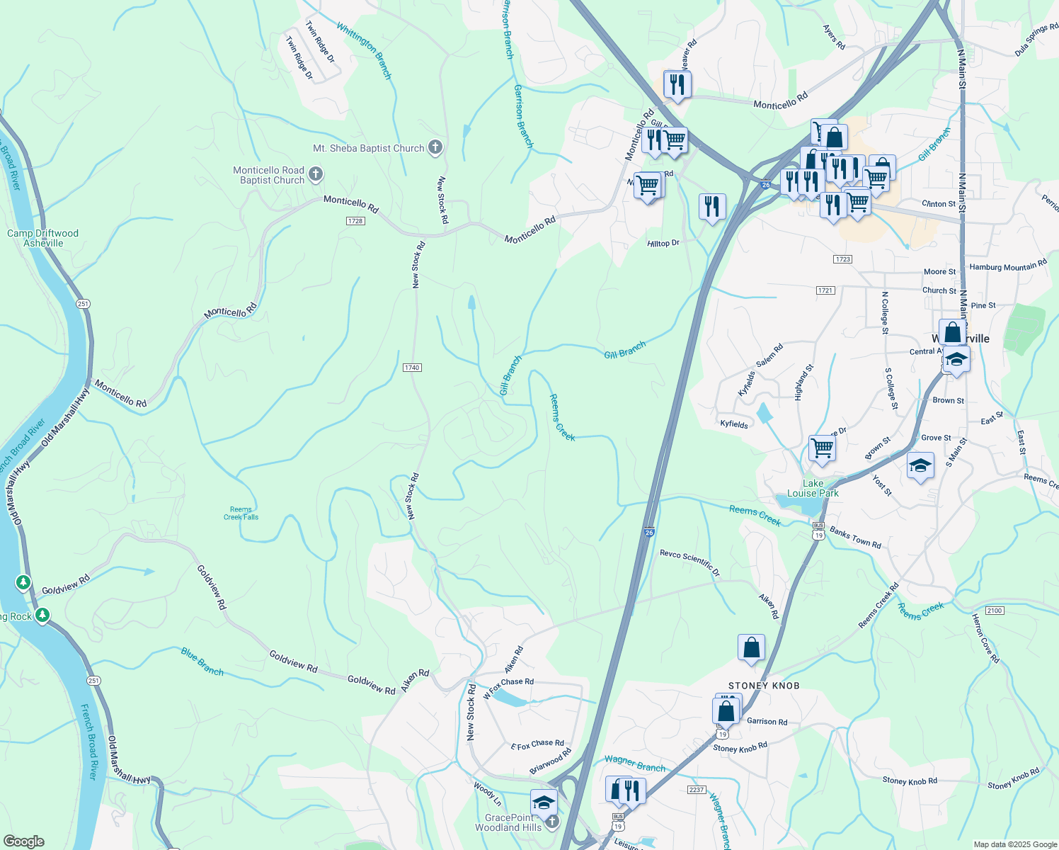 map of restaurants, bars, coffee shops, grocery stores, and more near 65 Creekside View Drive in Asheville