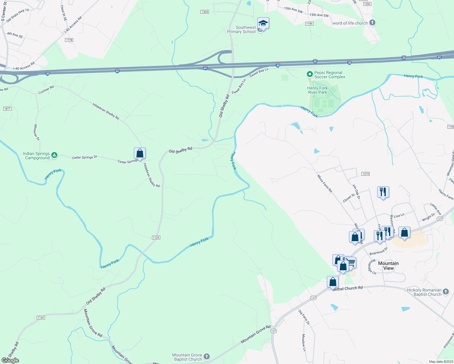 map of restaurants, bars, coffee shops, grocery stores, and more near 6046 Juniper Lane in Hickory