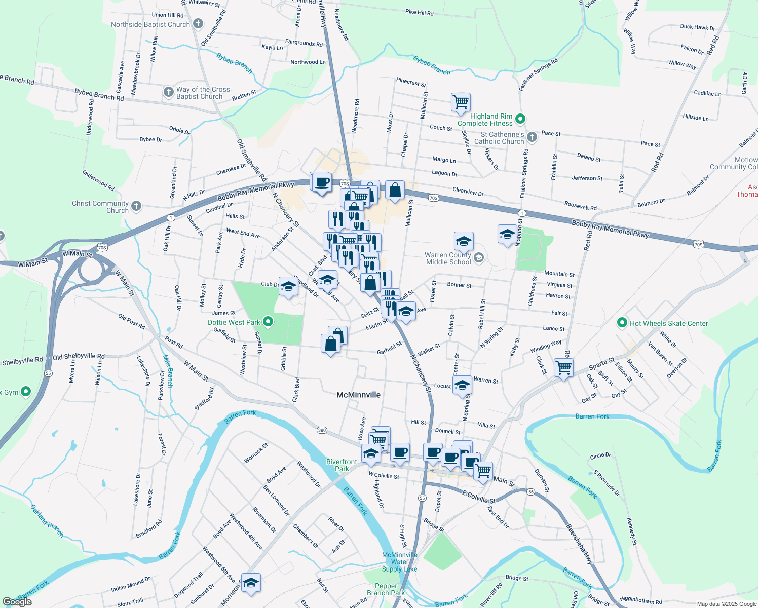 map of restaurants, bars, coffee shops, grocery stores, and more near 601 N Chancery St in McMinnville