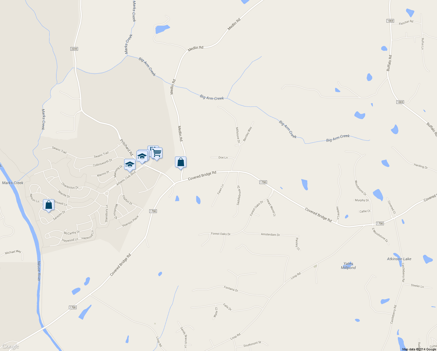 map of restaurants, bars, coffee shops, grocery stores, and more near 4534 Covered Bridge Road in Clayton