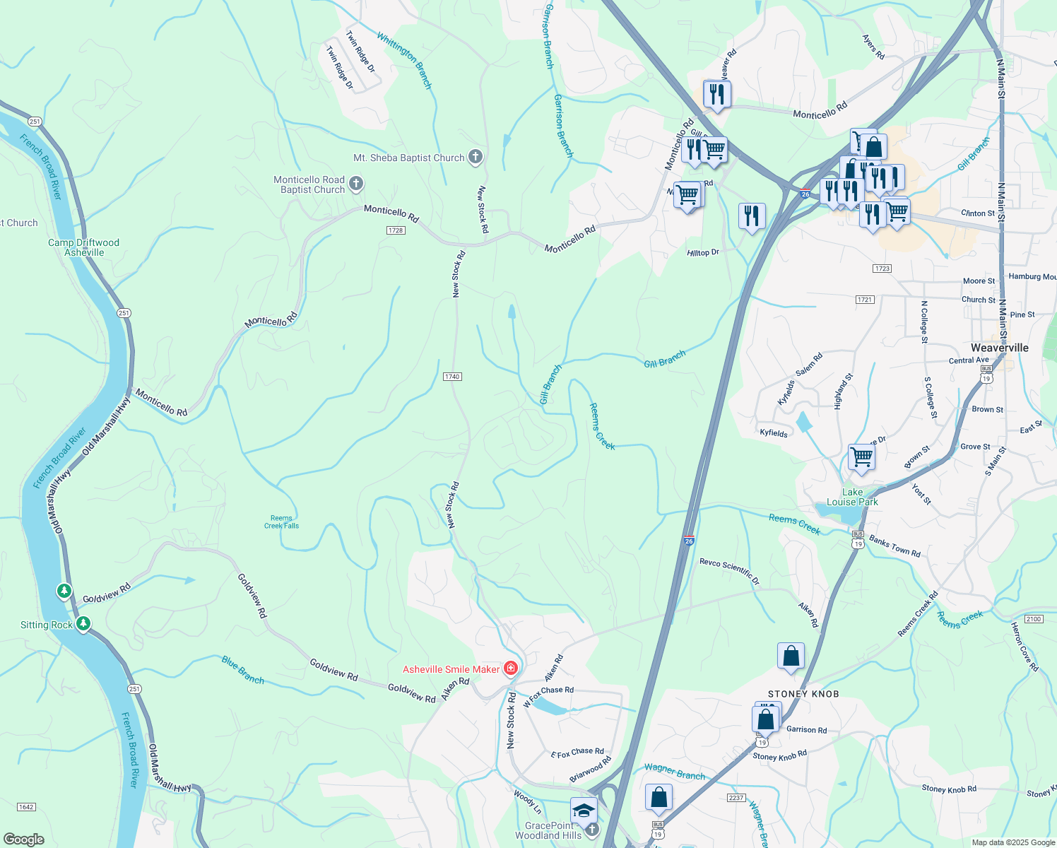 map of restaurants, bars, coffee shops, grocery stores, and more near 15 Craftsman View Drive in Asheville