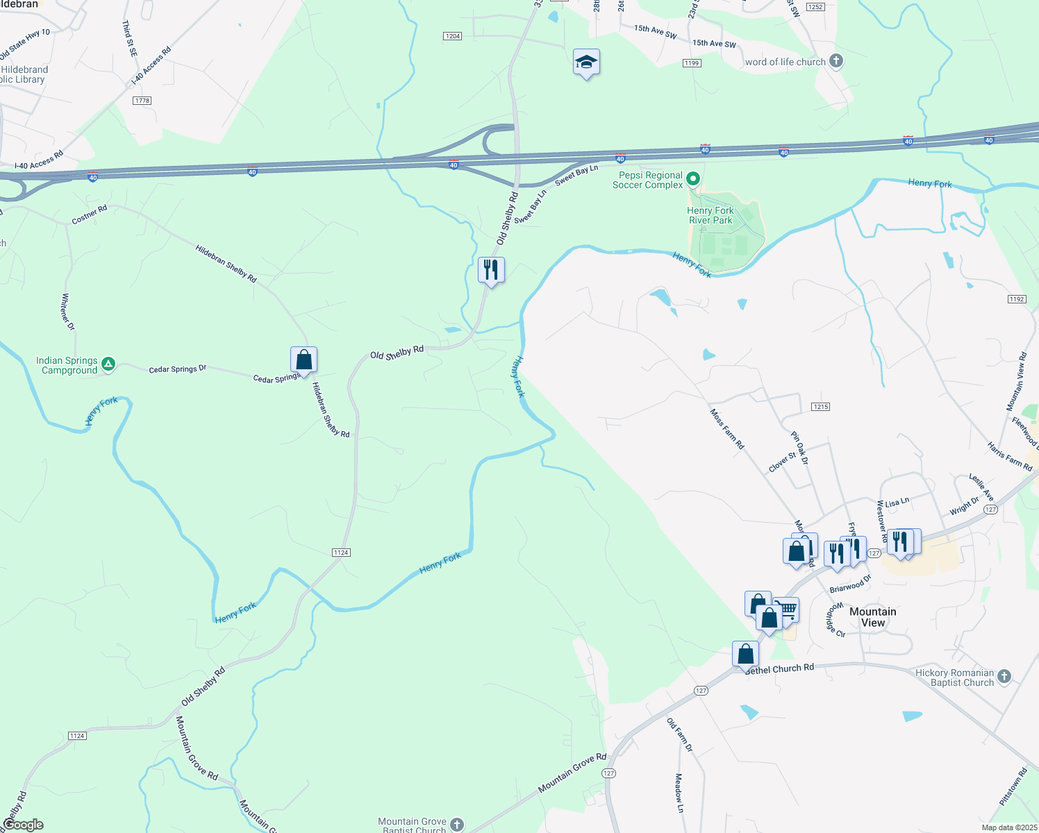 map of restaurants, bars, coffee shops, grocery stores, and more near 6046 Juniper Lane in Hickory
